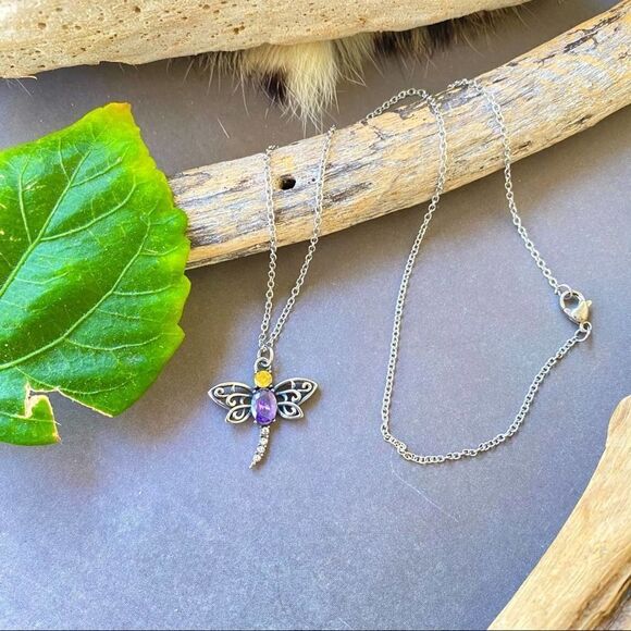 Dragonfly Purple & Yellow CZ Stainless Steel Necklace - Picture 1 of 3